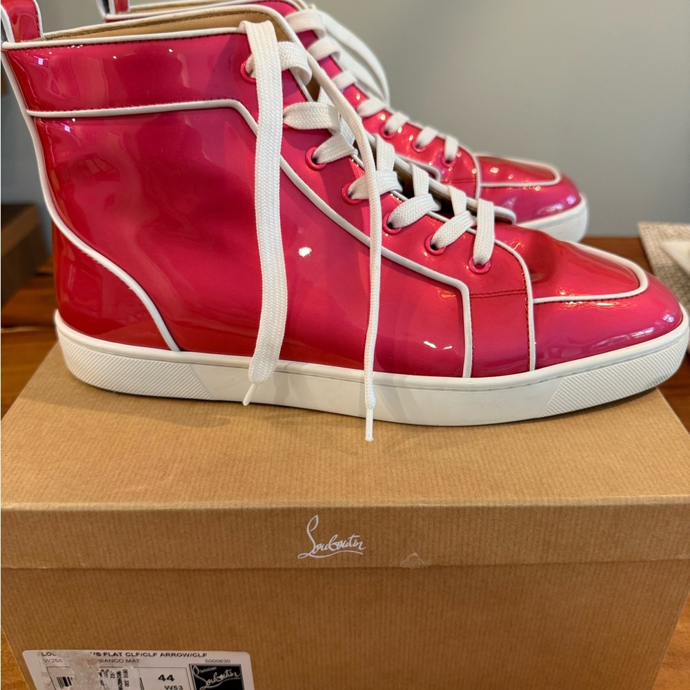 Christian Louboutin Pink and White High-Top Athletic Sneakers